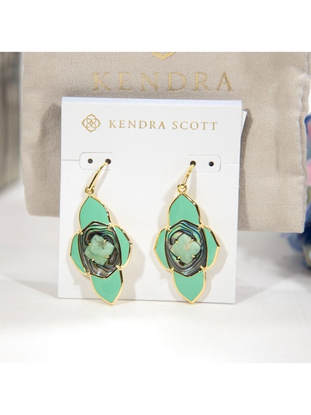 Kendra Scott Abbie Medallion Abalone Green Gold Statement Earrings NWT